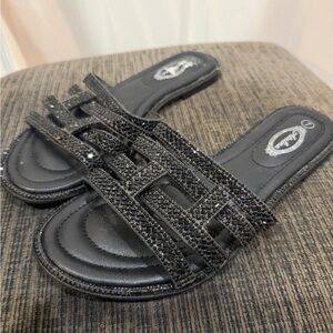 Elegant Black Beaded Slide Sandals